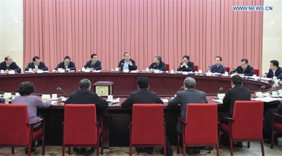 Yu Zhengsheng, chairman of the National Committee of the Chinese People's Political Consultative Conference (CPPCC), presides over a biweekly consultation session on pre-school education in Beijing, capital of China, Feb. 16, 2017. (Xinhua/Zhang Ling)