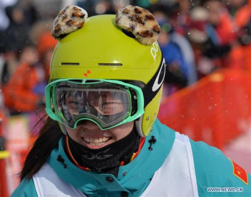 China's Zang Ruxin reacts after winning women's giant slalom of snowboard at the 2017 Sapporo Asian Winter Games in Sapporo, Japan, Feb. 19, 2017. (Xinhua/He Changshan)