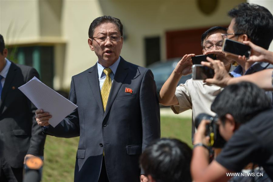 Kang Chol, the ambassador of the Democratic People's Republic of Korea (DPRK) to Malaysia, speaks to media during a news conference in Kuala Lumpur, Malaysia, Feb. 20, 2017. (Xinhua/Chong Voon Chung)