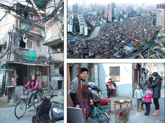 Clockwise from left: A woman rides a bicycle through the narrow streets of the shantytown. Second: An aeriel view of the Zhangqiao area. Third: A man attempts to sell a chicken on the street.