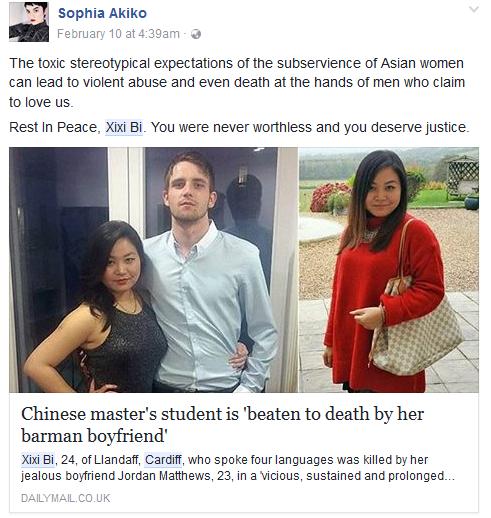 A Facebook user makes comments on the report about the death of Chinese student Bi Xixi. Jordan Matthews, 24,has been sentenced to life in prison for the murder of Bi, who was his girlfriend. (Photo/Facebook)