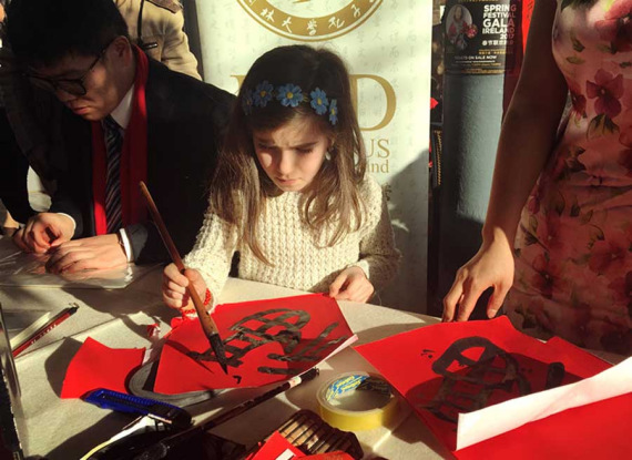 A girl learns to write Chinese characters in calligraphy at a Chinese New Year celebration in Dublin, Ireland, Feb 5, 2017. (Photo by Wang Haiqiang)