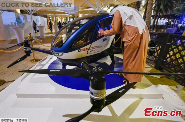 A model of the EHang 184 autonomous aerial vehicle is displayed at the World Government Summit 2017 in Dubai's Madinat Jumeirah on February 13, 2017. The Chinese-made drone will begin regular operations in Dubai in July. (Photo/Agencies)