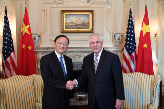 Chinese State Councilor Yang Jiechi meets with US Secretary of State Rex Tillerson on Tuesday in Washington. (Photo: Xinhua/Chinese State Councilor Yang Jiechi meets with US Secretary of State Rex Tillerson on Tuesday in Washington. Yin Bogu / Xinhua)