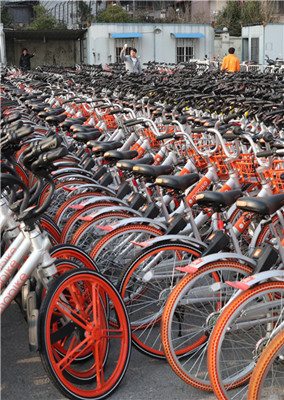 Bicycles, mostly from the bike-sharing company Mobike, were parked at a parking lot on Wednesday. (Photo/China Daily)