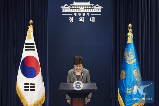 South Korean President Park Geun-hye bows during her speech to the nation at the presidential Blue House in Seoul, South Korea, Nov. 29, 2016. (Xinhua/Blue House)