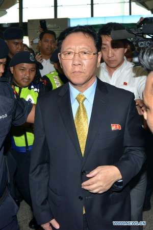 The ambassador of the Democratic People's Republic of Korea (DPRK) in Malaysia, Kang Chol, goes through customs at the Kuala Lumpur airport, Malaysia, March 6, 2017.  (Xinhua/Chong Voon Chung)