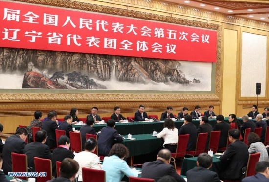Chinese President Xi Jinping joins a panel discussion with deputies to the 12th National People's Congress (NPC) from Liaoning Province at the annual session of the NPC in Beijing, capital of China, March 7, 2017. (Xinhua/Xie Huanchi)