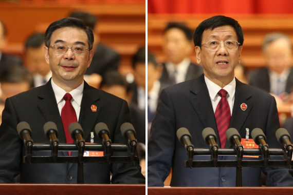 Zhou Qiang (left), SPC president, and Cao Jianming, procurator-general of the SPP, deliver speeches. (Photo: China Daily/Xu Jingxing)