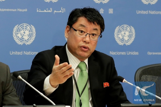 Kim In Ryong, ambassador of the Democratic People's Republic of Korea, speaks during a press conference at the United Nations headquarters in New York, March 13, 2017. (Xinhua/Li Muzi)
