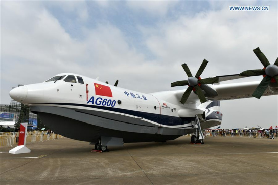 An amphibious aircraft AG600 is displayed for the 11th China International Aviation and Aerospace Exhibition in Zhuhai, south China's Guangdong Province, Oct. 30, 2016. (Photo/Xinhua)