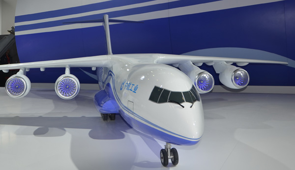 A model of a Y-20F-100 civil transport aircraft is displayed at Zhuhai Air Show in Nov 2016. (Photo provided to China Daily)