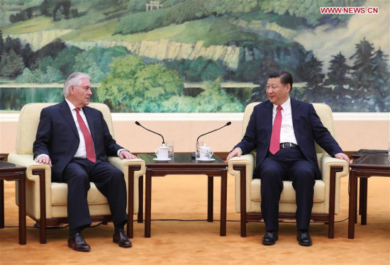 Chinese President Xi Jinping (R) meets with U.S. Secretary of State Rex Tillerson at the Great Hall of the People in Beijing, capital of China, March 19, 2017. (Xinhua/Ju Peng)