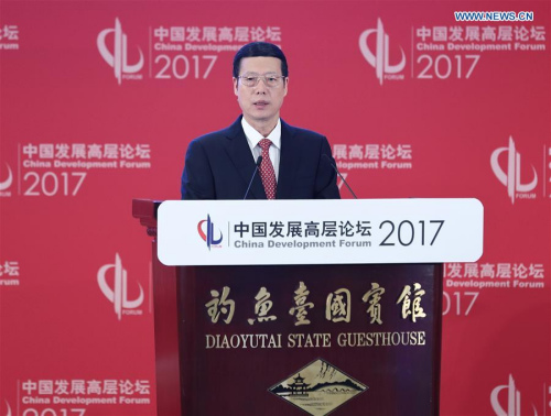 Chinese Vice Premier Zhang Gaoli speaks at the opening ceremony of the China Development Forum (CDF) 2017 in Beijing, capital of China, March 19, 2017. (Xinhua/Wang Ye)