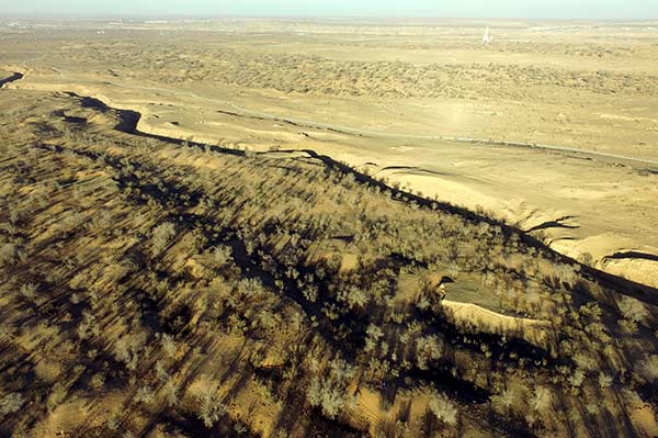 A bird's-eye view of Babusha, a large sand dune on the southern edge of the Tengger desert in Northwest China. (Photo/China Daily)