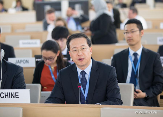Photo taken on March 20, 2017 shows Ma Zhaoxu, head of the Chinese mission to the United Nations in Geneva, addressing at a general debate in the 34th Session of the Human Rights Council in Geneva, Switzerland. (Xinhua/Xu Jinquan)