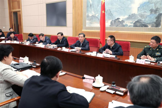 Chinese Vice Premier Wang Yang, also head of the State Flood Control and Drought Relief Headquarters, speaks at this year's first plenary meeting of the headquarters in Beijing, capital of China, March 23, 2017. (Xinhua/Ma Zhancheng)