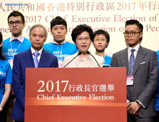 Lam Cheng Yuet-ngor meets the press after winning the election in Hong Kong, south China, March 26, 2017. Lam Cheng Yuet-ngor on Sunday won the election of the fifth-term chief executive of China's Hong Kong Special Administrative Region (SAR). (Xinhua/Qin Qing)
