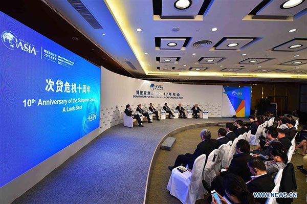 The session of the 10th Anniversary of the Subprime Crisis: A Look Back is held during the Boao Forum for Asia Annual Conference 2017 in Boao, south China's Hainan Province, March 26, 2017. (Photo/Xinhua)