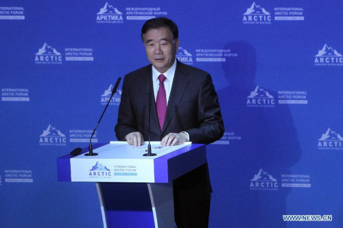 Chinese Vice Premier Wang Yang addresses the opening ceremony of the 4th International Arctic Forum (IAF) in Russia's far northwestern city of Arkhangelsk on March 29, 2017. China will actively participate in environmental preservation and push for environmental cooperation in the Arctic, Chinese Vice Premier Wang Yang said here on Wednesday. (Xinhua/Lu Jinbo)
