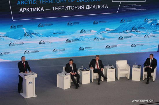 Russian President Vladimir Putin (1st L) addresses the plenary session of the 4th International Arctic Forum (IAF) in Arkhangelsk, northwestern Russia, on March 30, 2017. (Xinhua/Lu Jinbo)