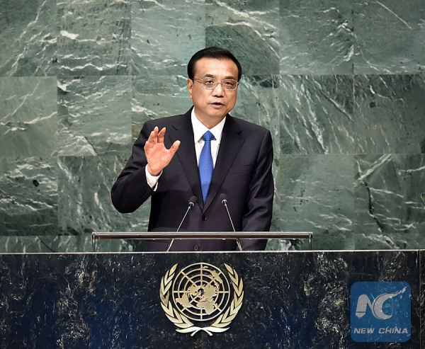 Chinese Premier Li Keqiang speaks during the general debate of the UN General Assembly at the UN headquarters in New York, Sept. 21, 2016. Premier Li called for joint efforts to address sustainable development and global challenges. (Xinhua/Li Tao)
