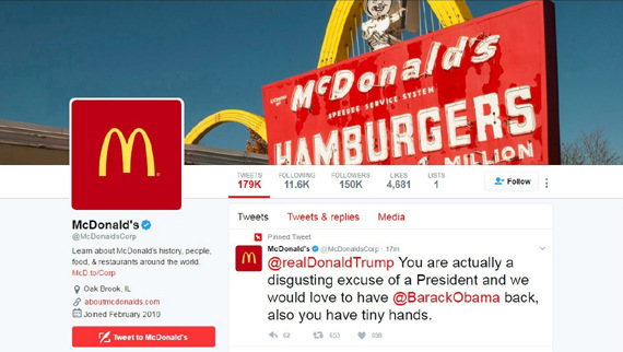 A message to Donald Trump appears on the McDonald's Twitter account timeline -- which McDonald's said was hacked -- in a screen capture on March 16, 2017. (Photo/Twitter Screenshot)