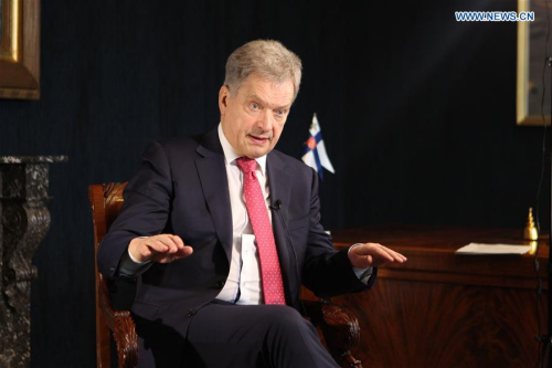 Finnish President Sauli Niinisto speaks during an exclusive interview with Xinhua News Agency in Helsinki, Finland, on April 3, 2017. Finland hopes to deepen cooperation with China in various areas, Finnish President Sauli Niinisto said. (Xinhua/Zhang Xuan)