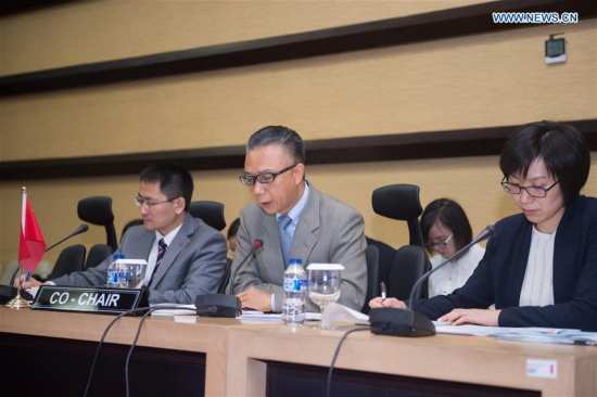 Xu Bu (C, front), Chinese ambassador to ASEAN, delivers a speech during the 18th China-ASEAN Joint Cooperation Committee meeting in Jakarta, Indonesia, April 10, 2017.(Xinhua/Du Yu)