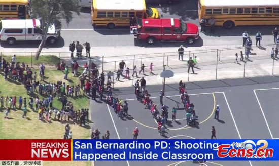 TV report of shooting at North Park Elementary School in San Bernardino, California, U.S. April 10, 2017. A husband fatally shot his estranged wife in her classroom before killing himself, San Bernardino Police Chief Jarrod Burguan said. Two students were injured in the murder-suicide; one child later died at a hospital, Burguan said.(Photo/Agencies)