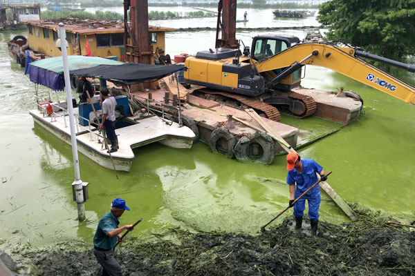 Workers remove blue-green algae from Lake Taihu in Wuxi, Jiangsu province.(Photo by Shuai Ge/ China Daily)
