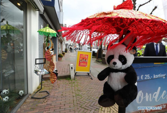 A panda doll is pictured on street of Rhenen, the Netherlands, on April 5, 2017. The Pandasia at Ouwehands Zoo in the Netherlands will house giant pandas Xing Ya and Wu Wen, which are expected to arrive on April 12. (Xinhua/Gong Bing)