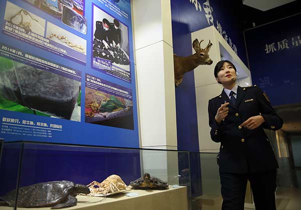 A guide talks about cases of invasive species intercepted by the Beijing Entry-Exit Inspection and Quarantine Bureau in recent years on Tuesday.Zou Hong / China Daily