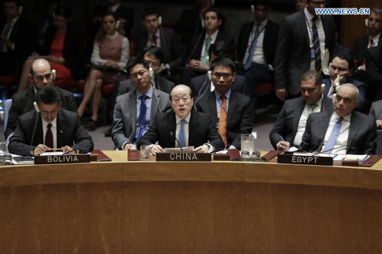 Liu Jieyi (C, front), China's permanent representative to the UN, speaks after voting on a draft Security Council resolution at the UN headquarters in New York, on April 12, 2017. (Xinhua/Li Muzi)