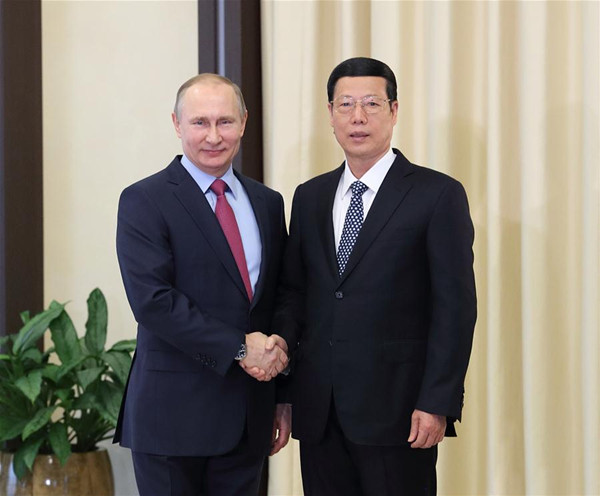 Chinese Vice Premier Zhang Gaoli (R) meets with Russian President Vladimir Putin in Moscow, Russia, April 13, 2017. (Xinhua/Wang Ye)