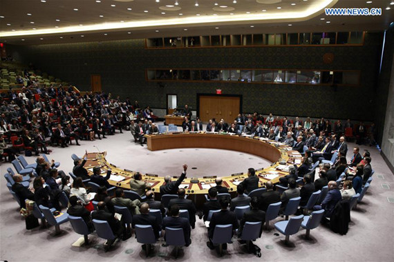 Photo taken on April 12, 2017 shows the United Nations Security Council voting on a draft Security Council resolution at the UN headquarters in New York. Russia Wednesday vetoed a Western draft Security Council resolution on an alleged chemical attack in Syria's northwestern province of Idlib. (Xinhua/Li Muzi)