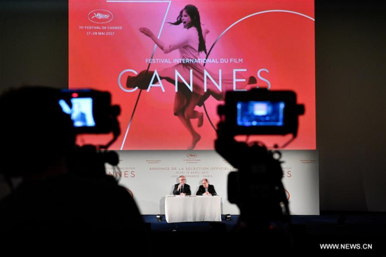 General Delegate of Cannes Film Festival Thierry Fremaux (L) and President of Cannes Film Festival Pierre Lescure attend the news conference in Paris, France on April 13, 2017. The Committee of Cannes Film Festival held a news conference on Thursday to announce this year's official selection. (Xinhua/Chen Yichen)
