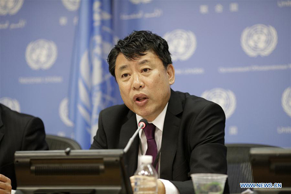 The Democratic People's Republic of Korea (DPRK) ambassador to the United Nations Kim In Ryong speaks during a press conference at the United Nations headquarters in New York on April 17, 2017. (Xinhua/Li Muzi)