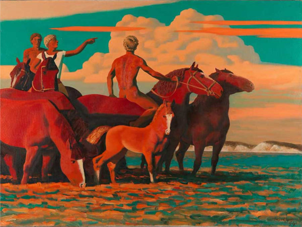 A painting on display at the Voice of the Volga River exhibition at the National Art Museum of China in Beijing. (Photo by Jiang Dong/China Daily)