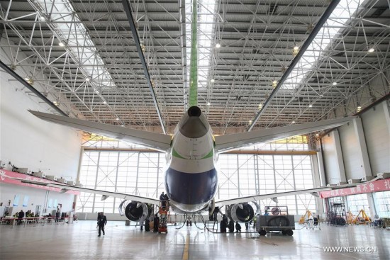 Photo taken on April 11, 2017 shows a C919, the first large passenger aircraft designed and built by China, in a hangar in Shanghai, east China. The C919 passed the last expert assessment on Tuesday, its manufacturer announced. (Xinhua/Ding Ting)
