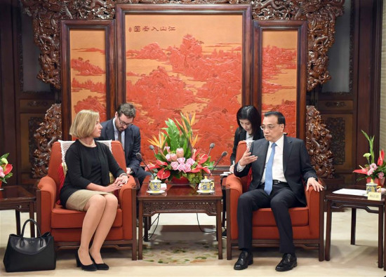 Chinese Premier Li Keqiang (R) meets with Federica Mogherini, EU high representative for foreign affairs and security policy, as well as vice president of the European Commission, in Beijing, capital of China, April 18, 2017. (Xinhua/Zhang Duo)