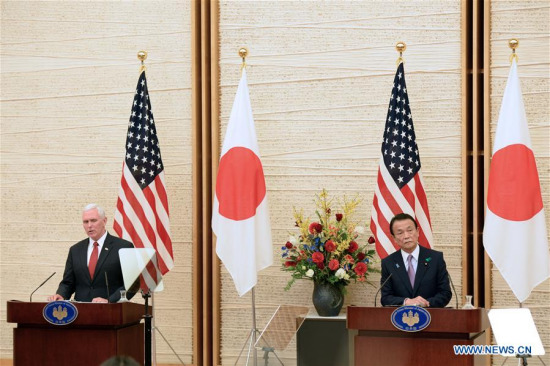 U.S. Vice President Mike Pence (L) and Japanese Deputy Prime Minister Taro Aso attend a press conference in Tokyo, Japan, on April 18, 2017. (Xinhua/Ma Ping)