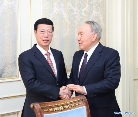 Chinese Vice Premier Zhang Gaoli meets with Kazakh President Nursultan Nazarbayev in Astana, Kazakhstan, April 18, 2017. (Xinhua/Wang Ye)