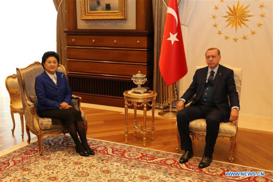 Turkish President Recep Tayyip Erdogan (R) meets with visiting Chinese Vice Premier Liu Yandong in Ankara, Turkey, on April 18, 2017. (Xinhua/Qing Yanyang)