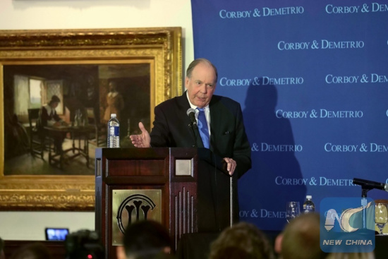 Lawyer Thomas Demetrio, who is representing David Dao, the passenger who was violently dragged off an overbooked United Airlines flight, speaks during a press conference in Chicago, Illinois, the United States, on April 13, 2017.(Xinhua/Wang Ping)