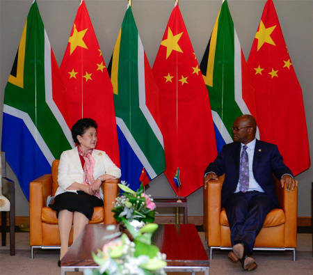 Chinese Vice Premier Liu Yandong (L) meets with South African Minister of Arts and Culture Nathi Mthethwa in Pretoria, South Africa, on April 24, 2017. (Xinhua/Zhai Jianlan)
