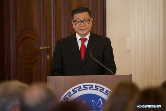 Wang Weiguang, President of Chinese Academy of Social Sciences, delivers a speech at the launching ceremony of China-CEE Institute in Budapest, Hungary, on April 24, 2017. (Xinhua/Attila Volgyi)