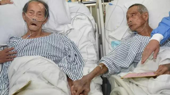 Two veterans who fought in China's war of resistance against Japanese aggression at a hospital in China's southern city of Shenzhen. (Photo/Photo from WeChat public account Shenzhendajianshi)