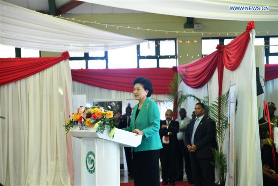 Chinese Vice Premier Liu Yandong delivers a speech during her visit to the Confucius Institute at the Durban University of Technology in Durban, South Africa, on April 26, 2017. (Xinhua/Tian Hongyi)