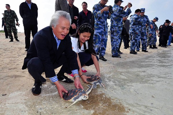 Sea turtles are released on Yongxing Island in Sansha, Hainan province, at an event to promote environmental protection. Guo Cheng / Xinhua